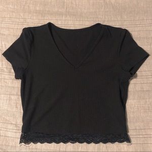 Black V-Neck Tight Crop Top with Lace Band